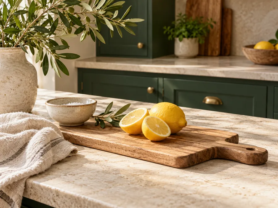 Sunlit kitchen with green cabinets, natural wood, and fresh lemons